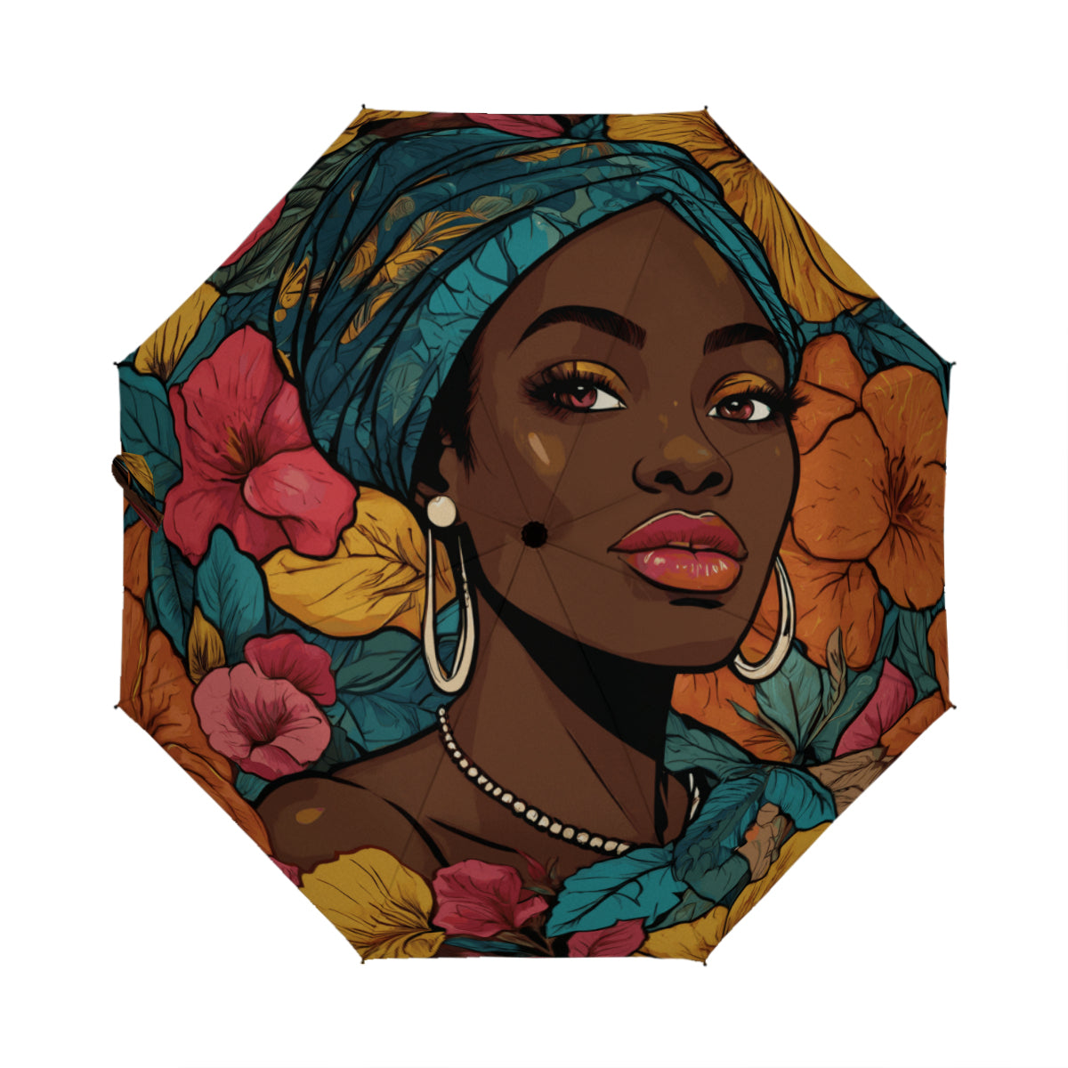 Melanin Queen Automatic Tri-Fold Black Rubber Umbrella (Outside Printing)|Polyester