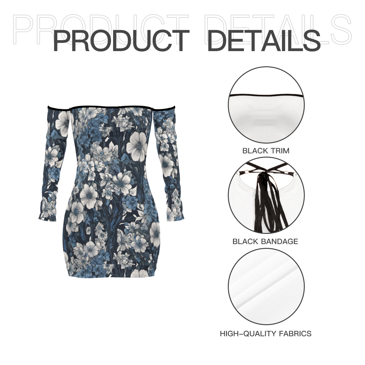 Floral Blue Women's Off-shoulder Back Lace-up Dress | Polyester