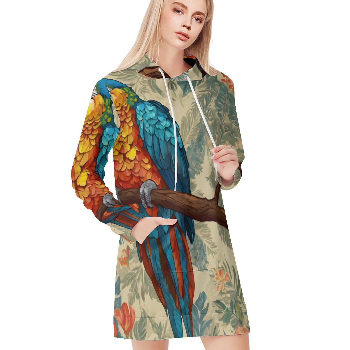 Parrot Design Women Long Sleeve Casual Hoodie Sweatshirt Dress