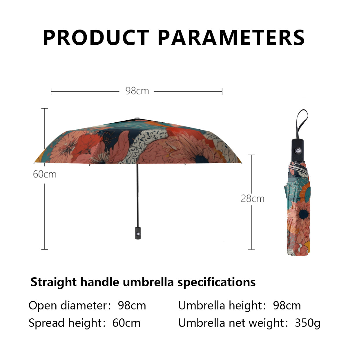 Awesome Floral Automatic Tri-Fold Black Rubber Umbrella (Outside Printing)|Polyester