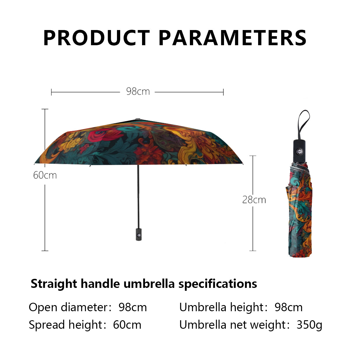 Awesome Flower Design Automatic Tri-Fold Black Rubber Umbrella (Outside Printing)|Polyester