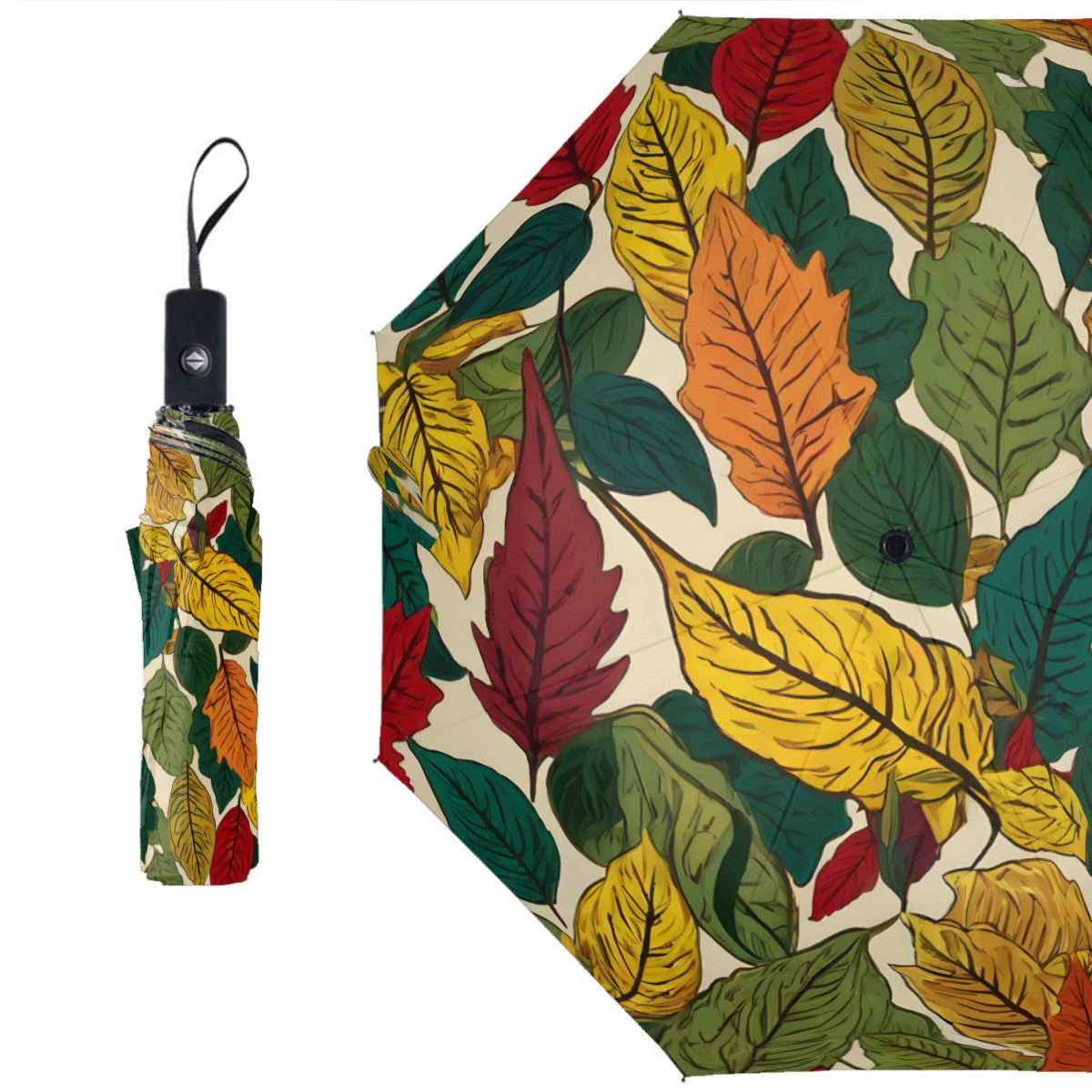 Awesome Leaves Automatic Tri-Fold Black Rubber Umbrella (Outside Printing)|Polyester