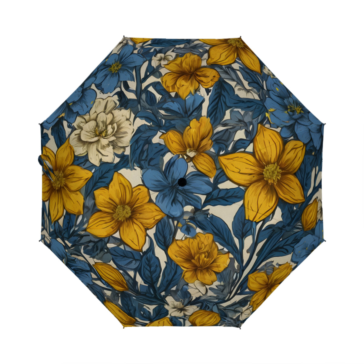 Abstract Yellow Floral Automatic Tri-Fold Black Rubber Umbrella (Outside Printing)|Polyester