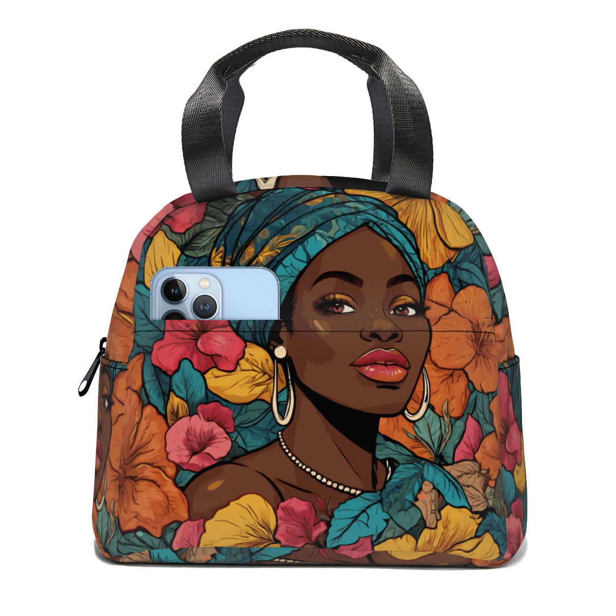 Melanin Queen personalised canvas handheld insulated lunch bag (with side pocket)|Polyester