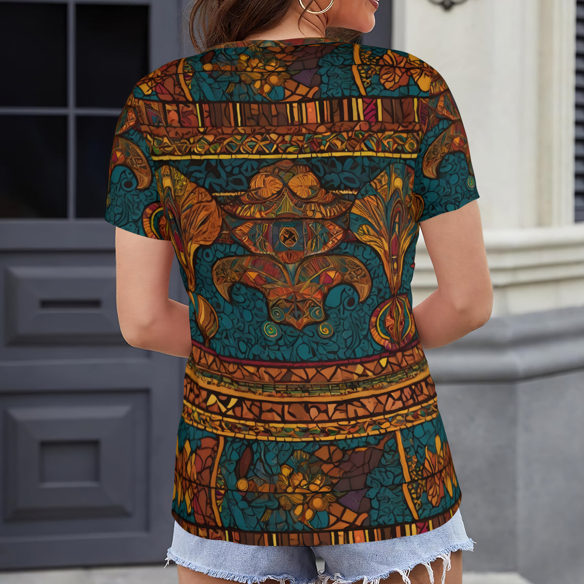African Design Women's V-Neck Short Sleeve T-Shirt | Polyester