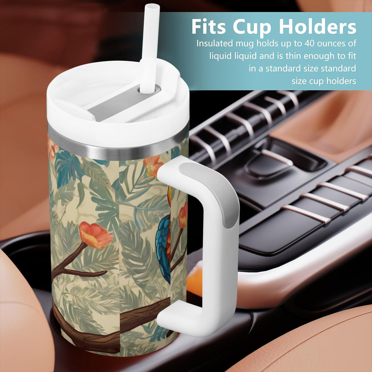 Parrot Design Large Capacity Tumbler with Handle(1100ml/40oz) | Stainless Steel 304