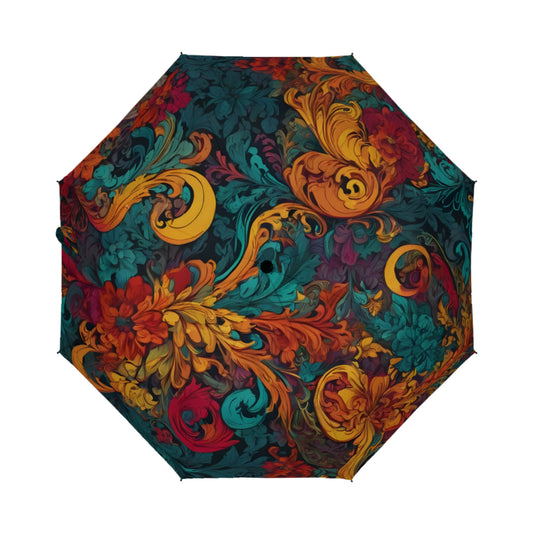 Awesome Flower Design Automatic Tri-Fold Black Rubber Umbrella (Outside Printing)|Polyester