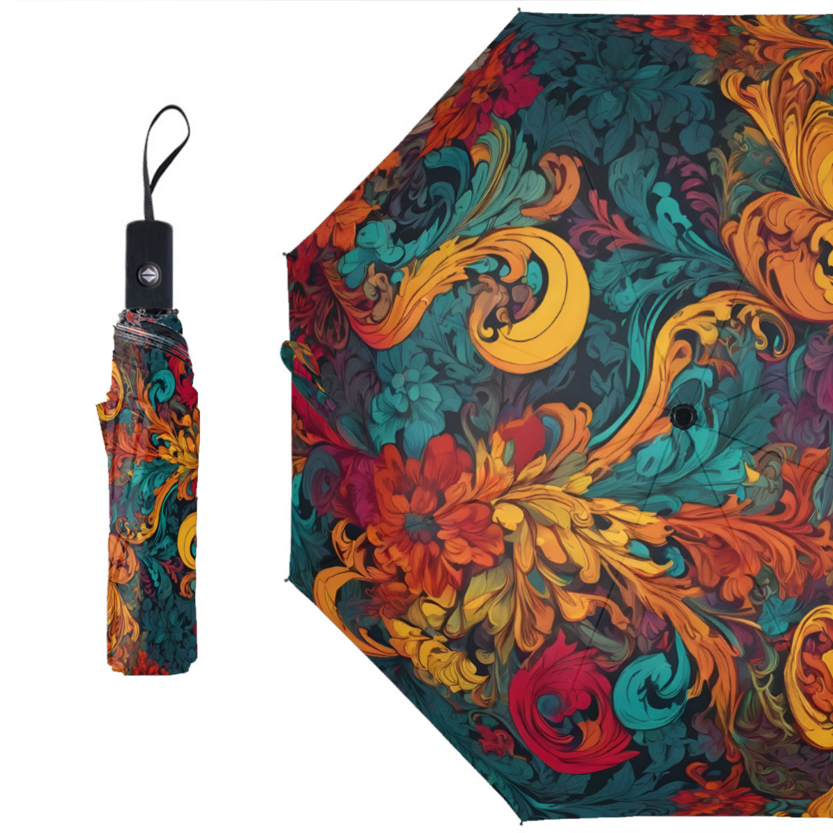 Awesome Flower Design Automatic Tri-Fold Black Rubber Umbrella (Outside Printing)|Polyester