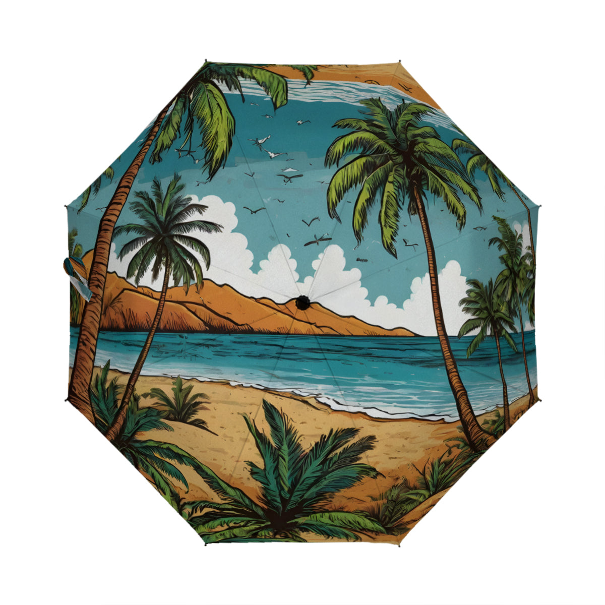 Beach Front Automatic Tri-Fold Black Rubber Umbrella (Outside Printing)|Polyester