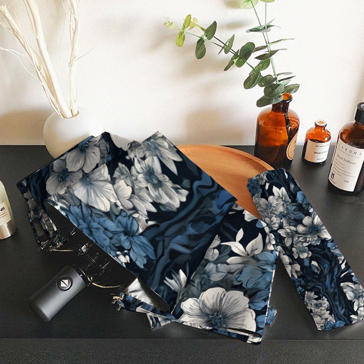 Floral Blue Automatic Tri-Fold Black Rubber Umbrella (Outside Printing)|Polyester