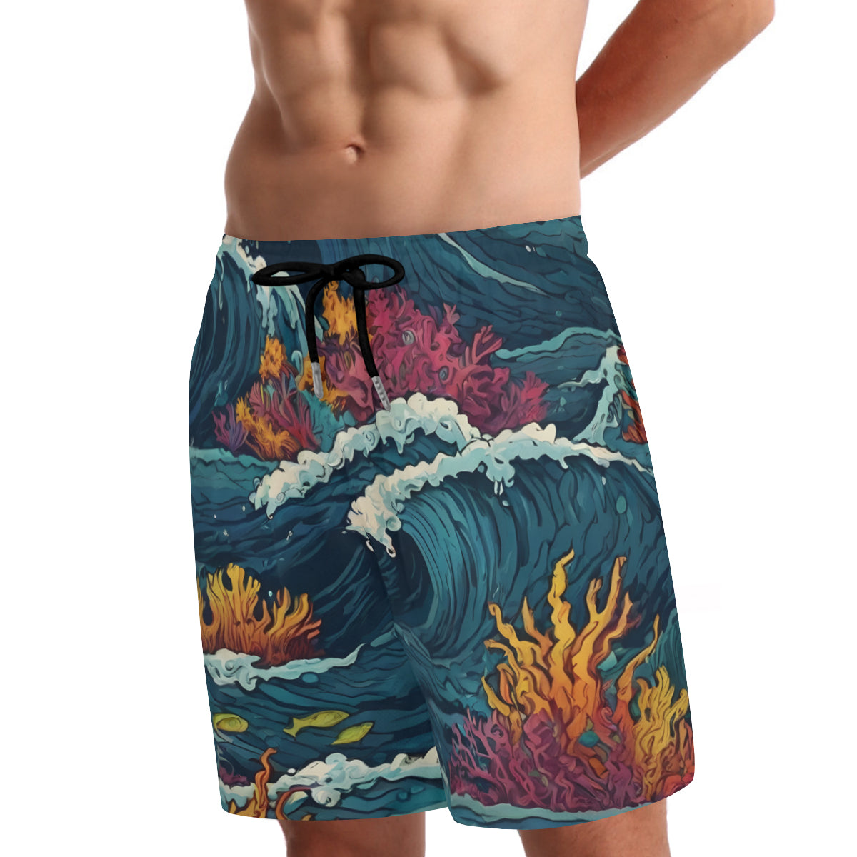 Ocean Waves Men's Casual Shorts Double-Layer Sports Beach Shorts (Multi-Faceted Design) | Polyester