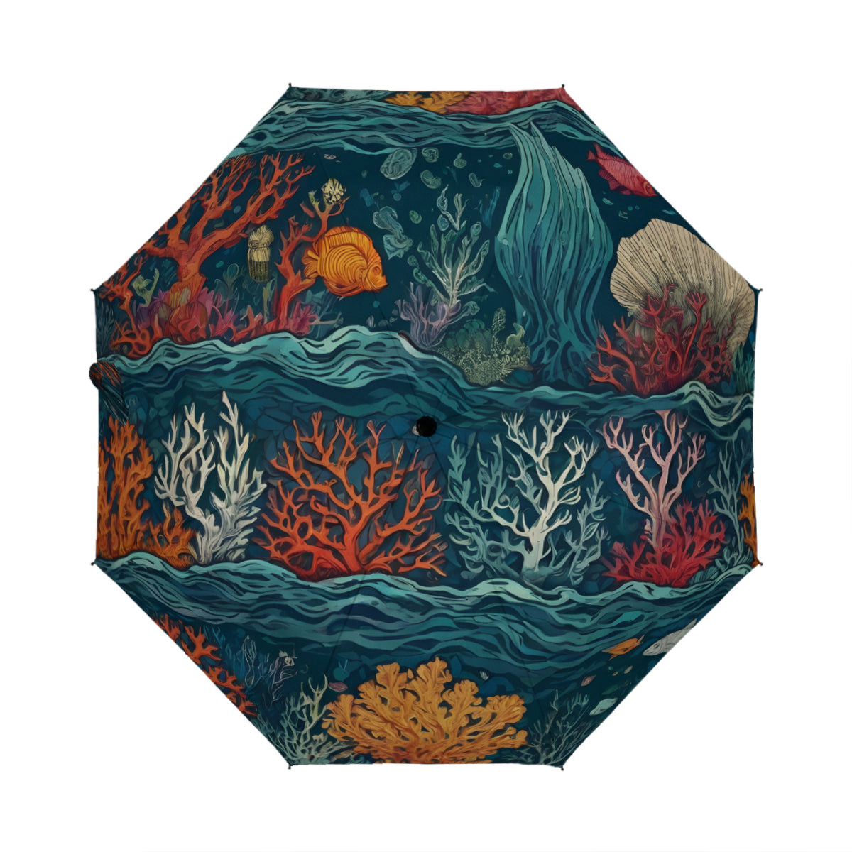Under Sea Beauty Automatic Tri-Fold Black Rubber Umbrella (Outside Printing)|Polyester