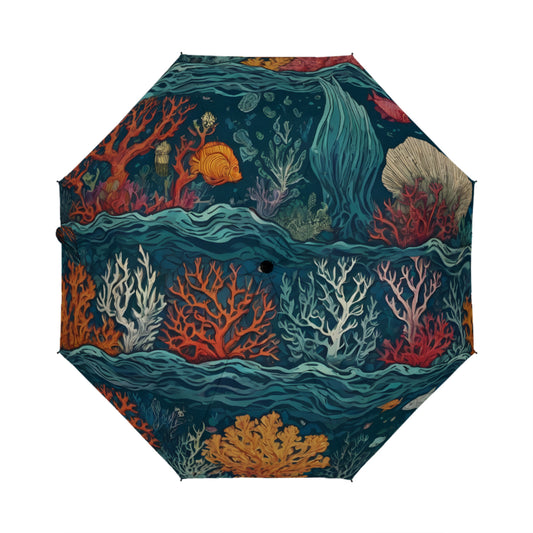 Under Sea Beauty  Automatic Tri-Fold Black Rubber Umbrella (Outside Printing)|Polyester