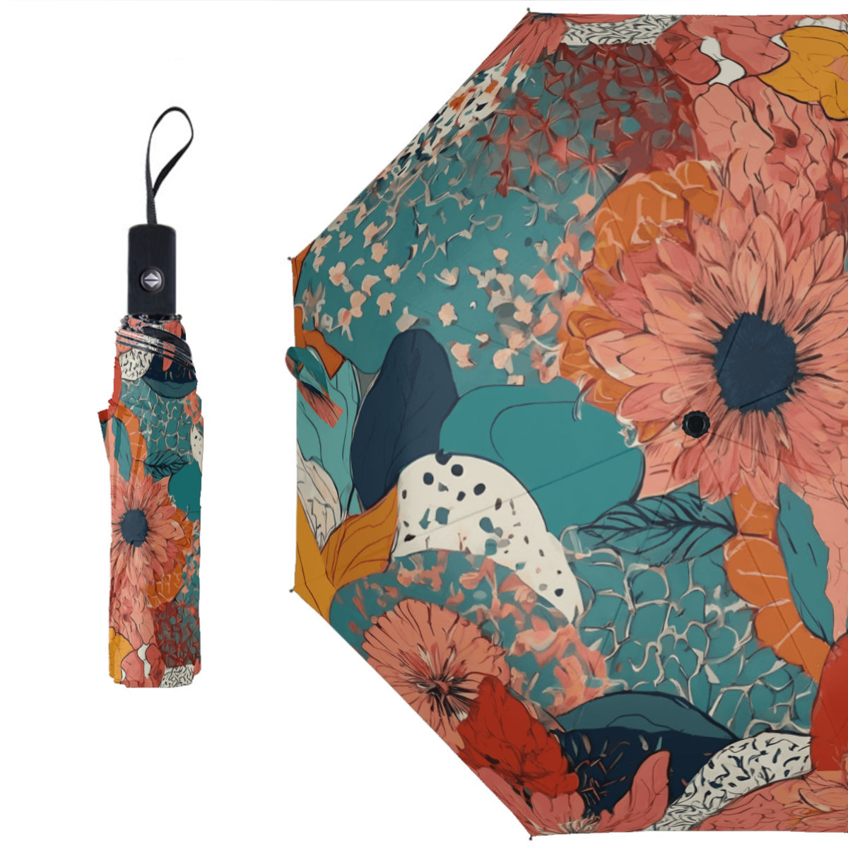 Awesome Floral Automatic Tri-Fold Black Rubber Umbrella (Outside Printing)|Polyester