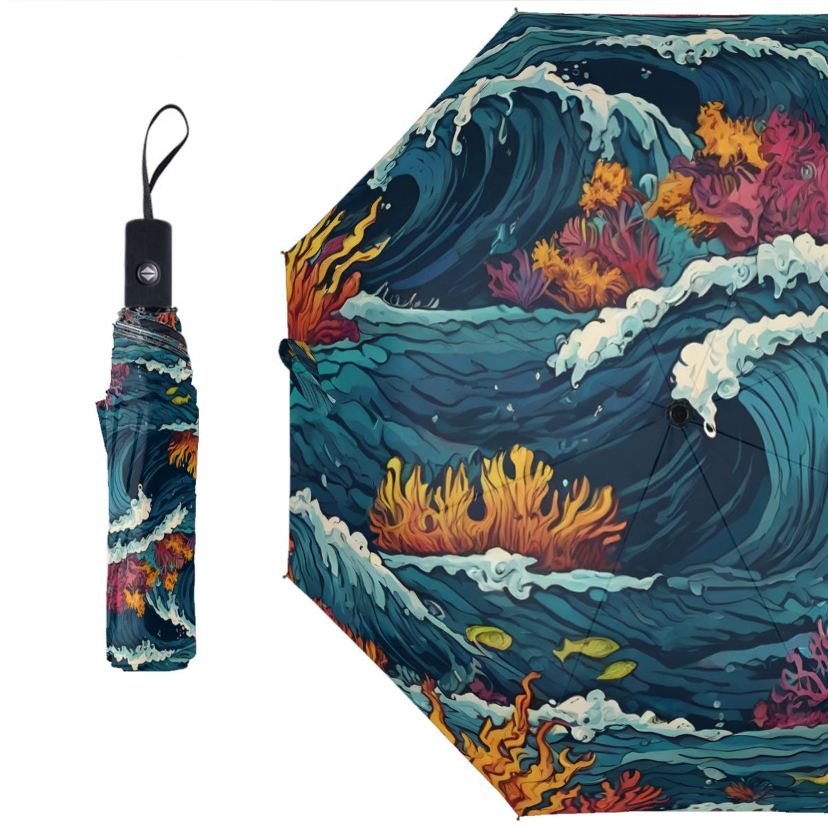 Ocean Waves Automatic Tri-Fold Black Rubber Umbrella (Outside Printing)|Polyester