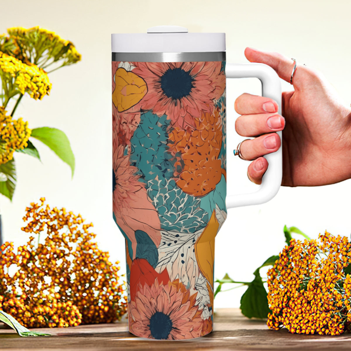Awesome Floral Large Capacity Tumbler with Handle(1100ml/40oz) | Stainless Steel 304