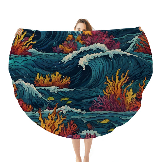 Ocean Waves Single-Sided Printed Round Blanket | 280GSM Flannel