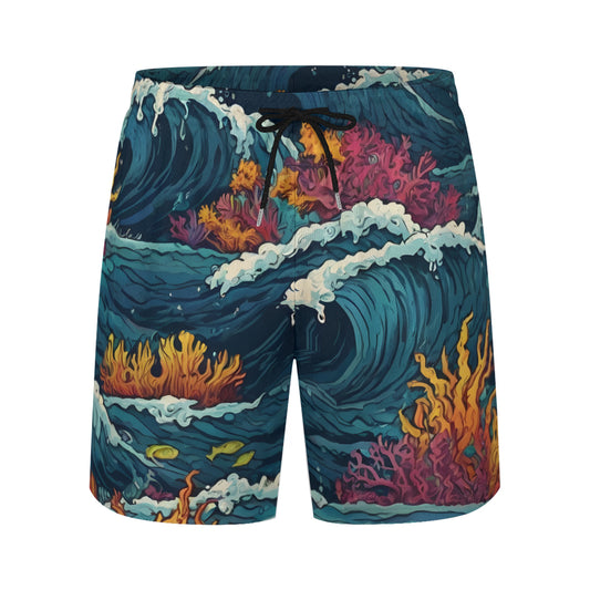 Ocean Waves Men's Casual Shorts Double-Layer Sports Beach Shorts (Multi-Faceted Design) | Polyester