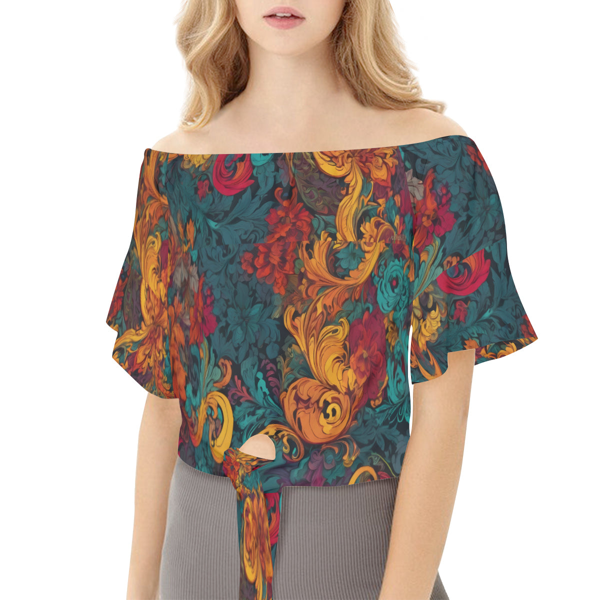 Awesome Flower Design Women's One-shoulder Tie Short Sleeves T-shirt