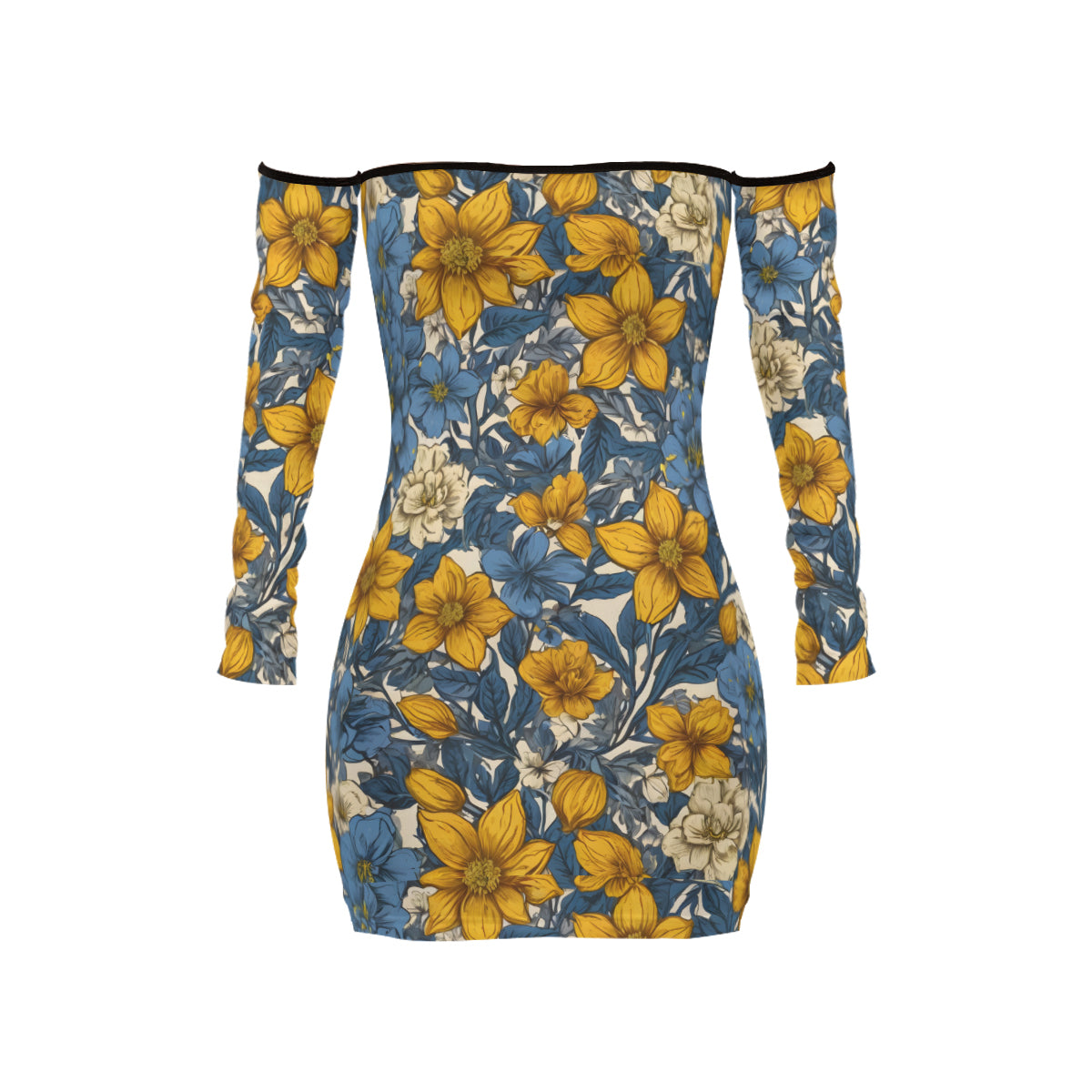 Abstract Yellow Floral Women's Off-shoulder Back Lace-up Dress | Polyester