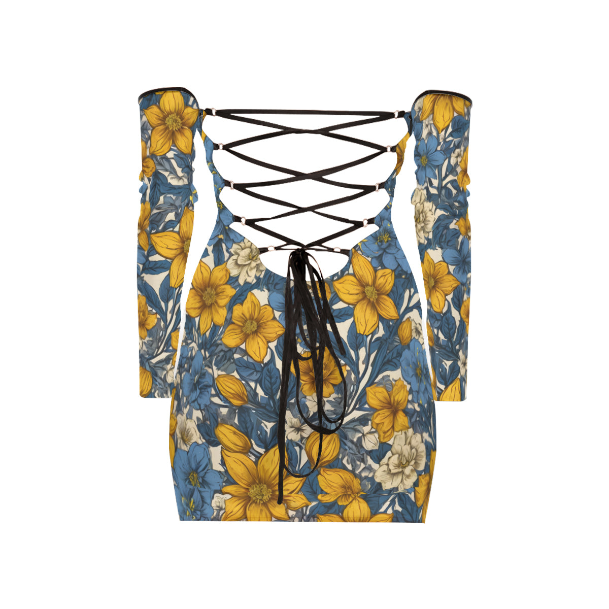 Abstract Yellow Floral Women's Off-shoulder Back Lace-up Dress | Polyester