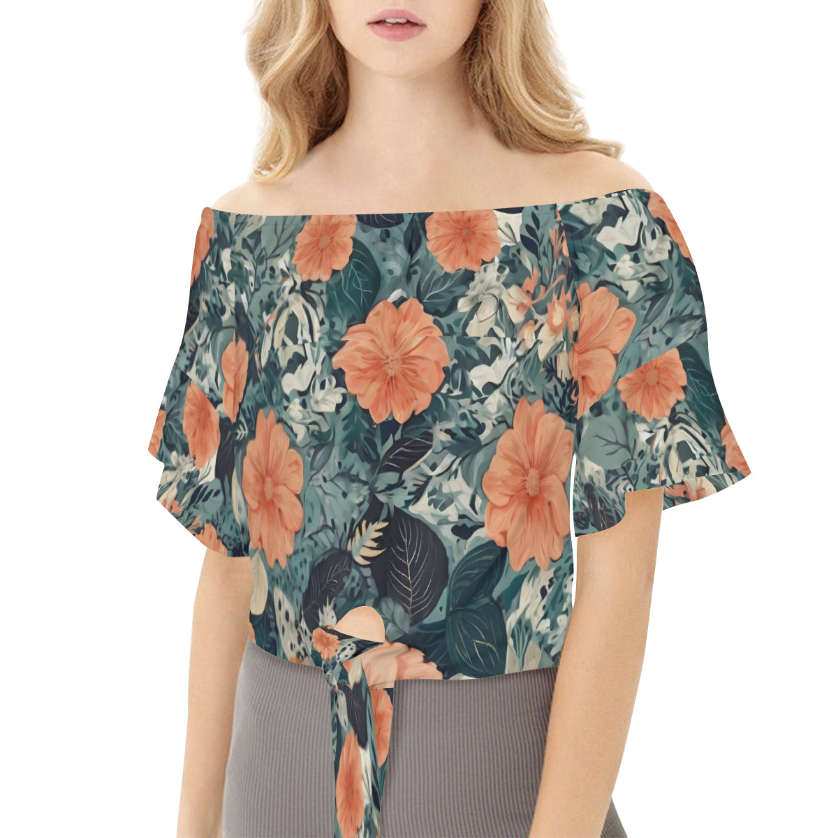 Floral Red Women's One-shoulder Tie Short Sleeves T-shirt