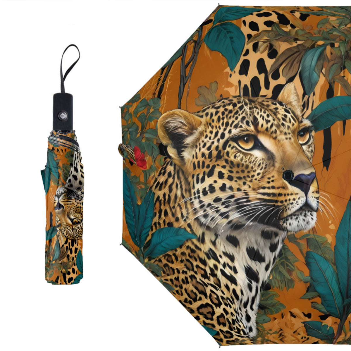 Warrior Leopard Automatic Tri-Fold Black Rubber Umbrella (Outside Printing)|Polyester