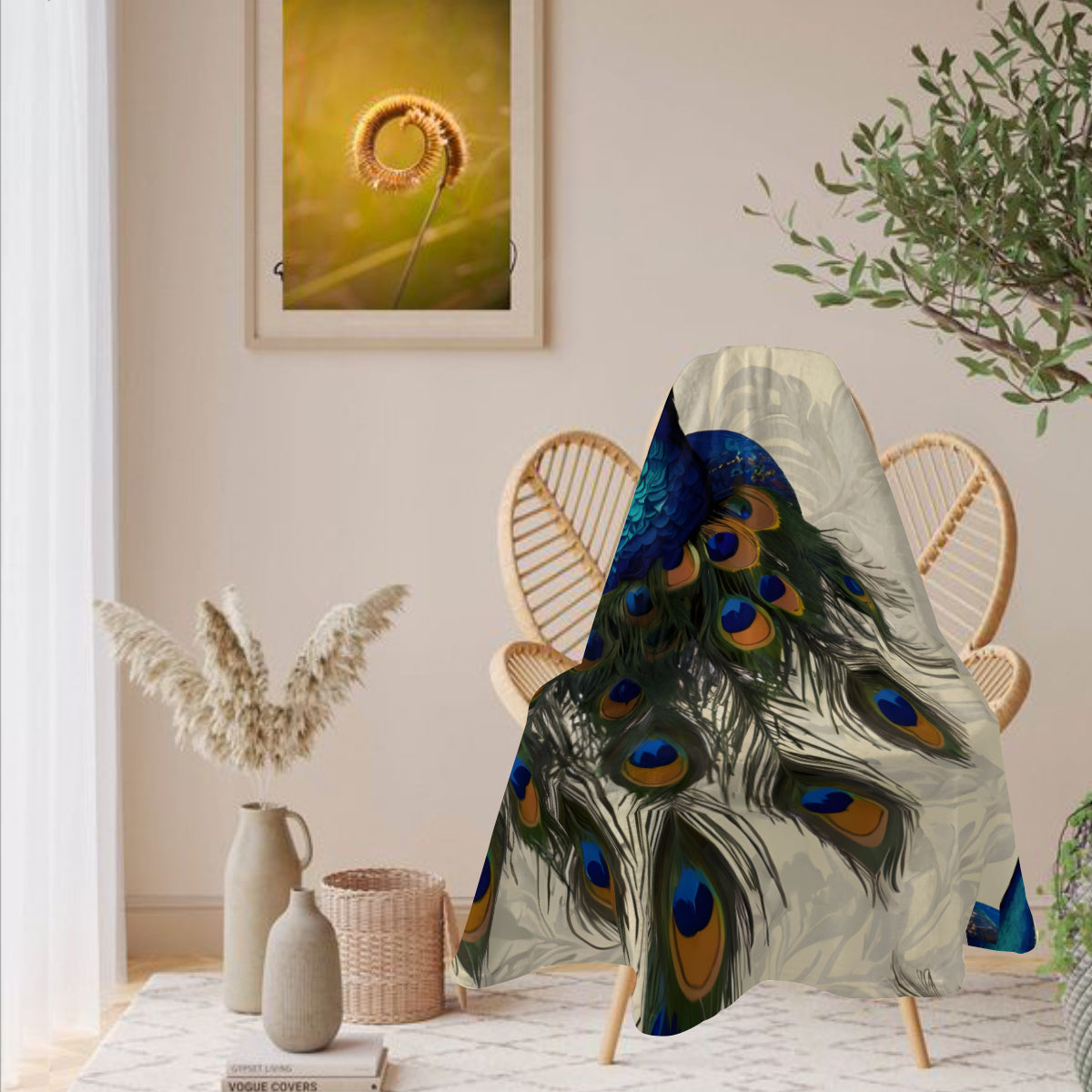 Peacock Design Single-Sided Printed Round Blanket | 280GSM Flannel