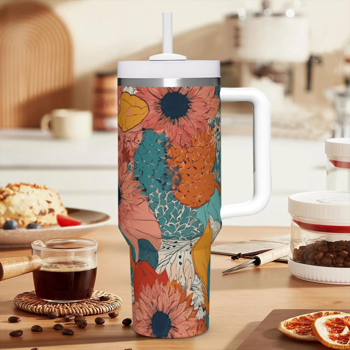 Awesome Floral Large Capacity Tumbler with Handle(1100ml/40oz) | Stainless Steel 304