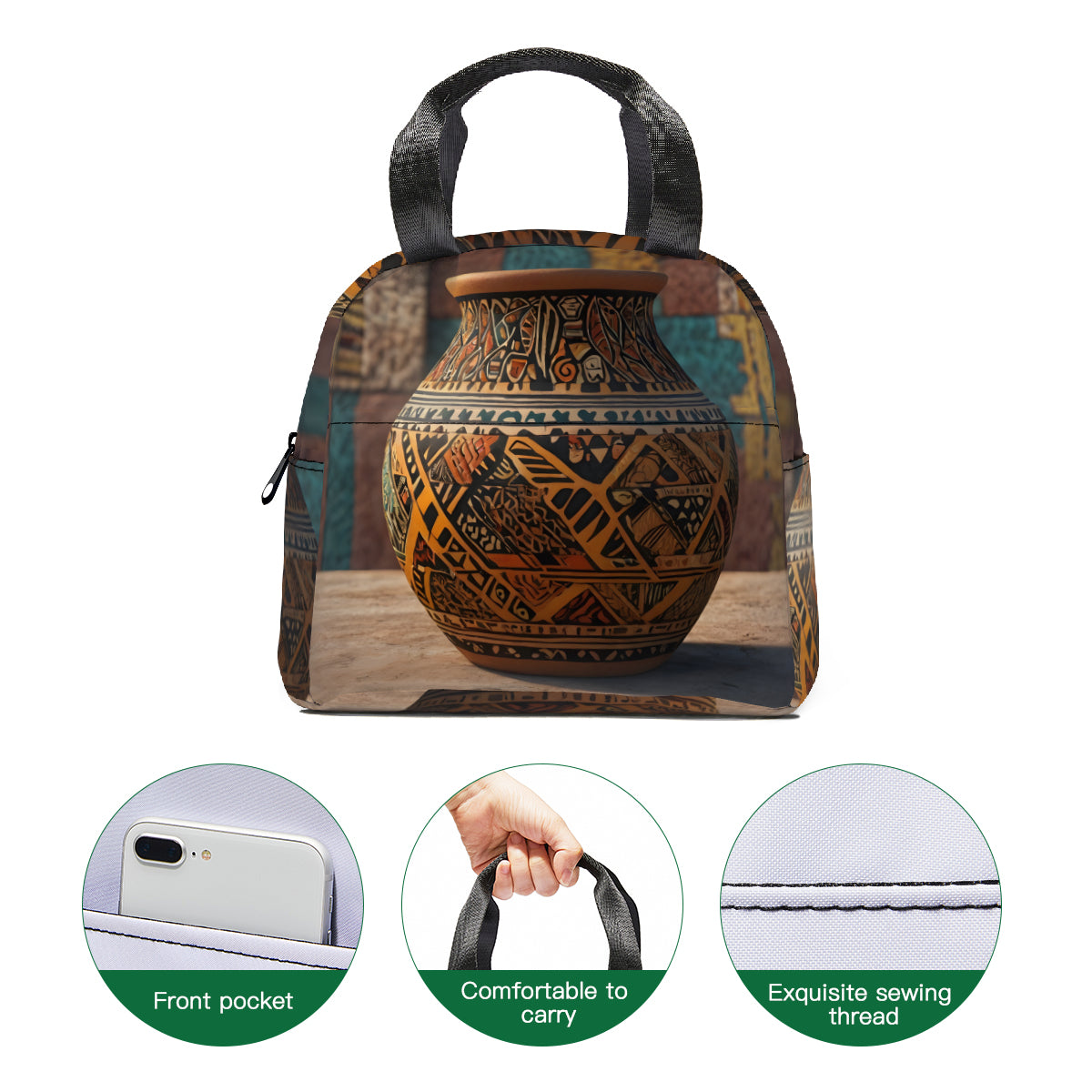 Golden Pot personalised canvas handheld insulated lunch bag (with side pocket)|Polyester