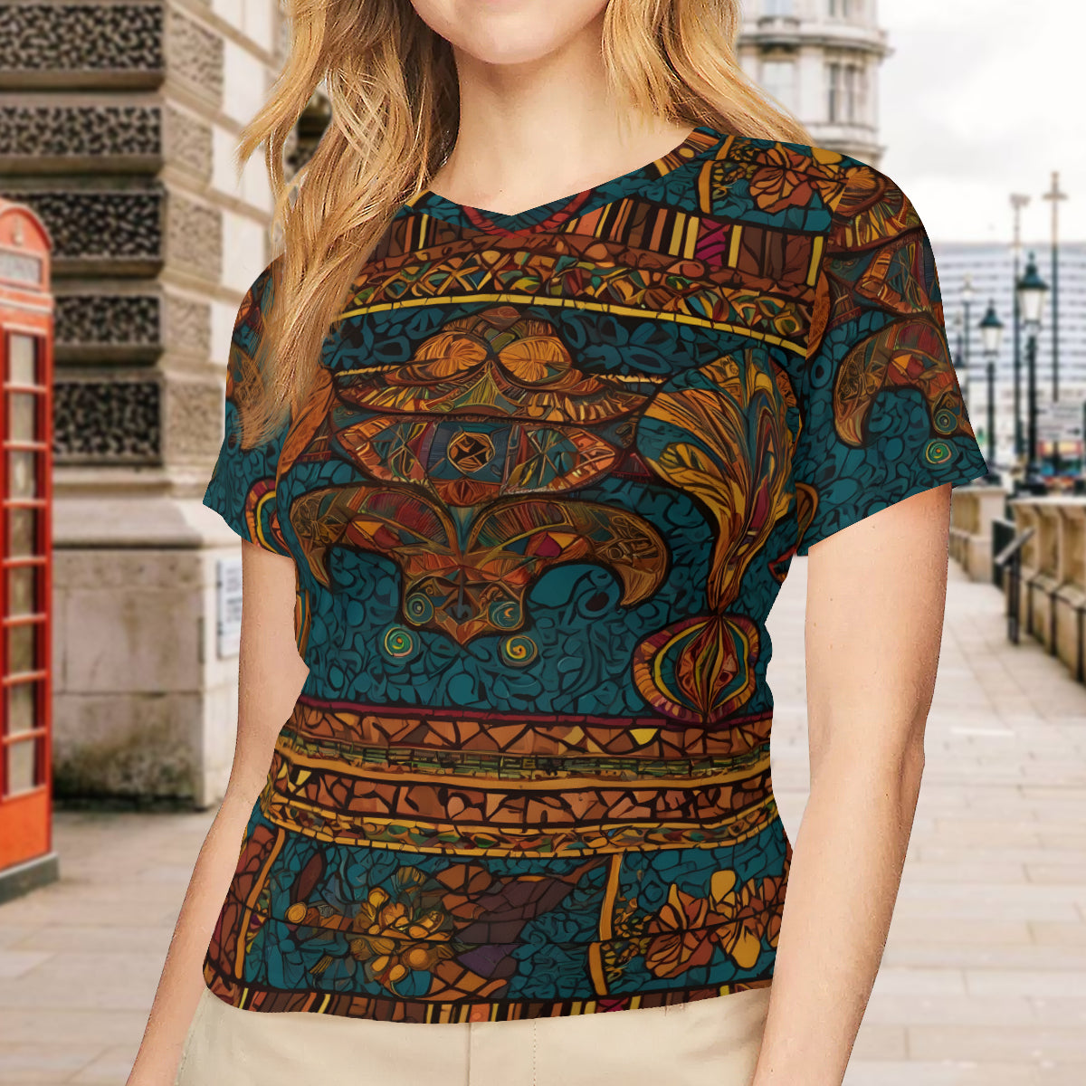 African Design Women's V-Neck Short Sleeve T-Shirt | Polyester