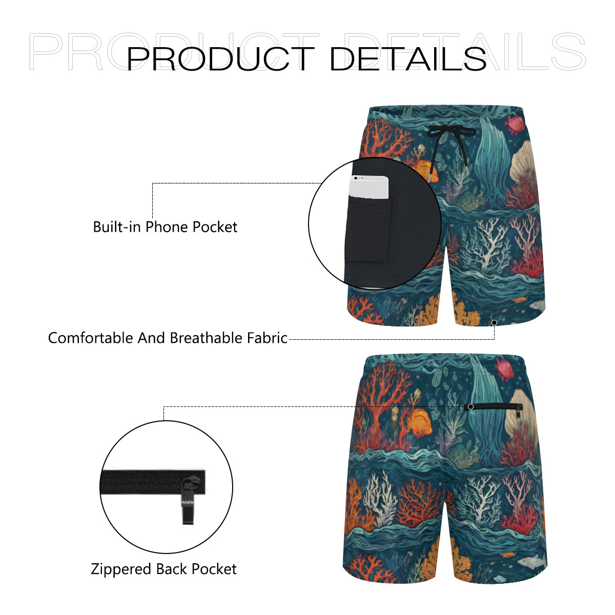 Under Sea Beauty All-Over Print Men's Casual Shorts Double-Layer Sports Beach Shorts | Polyester