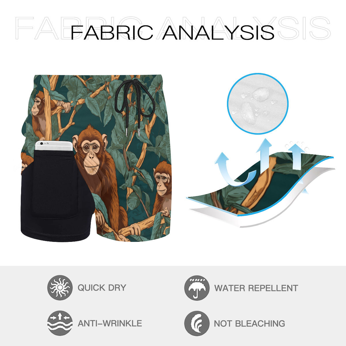 Monkey Vibes Men's Casual Shorts Double-Layer Sports Beach Pants