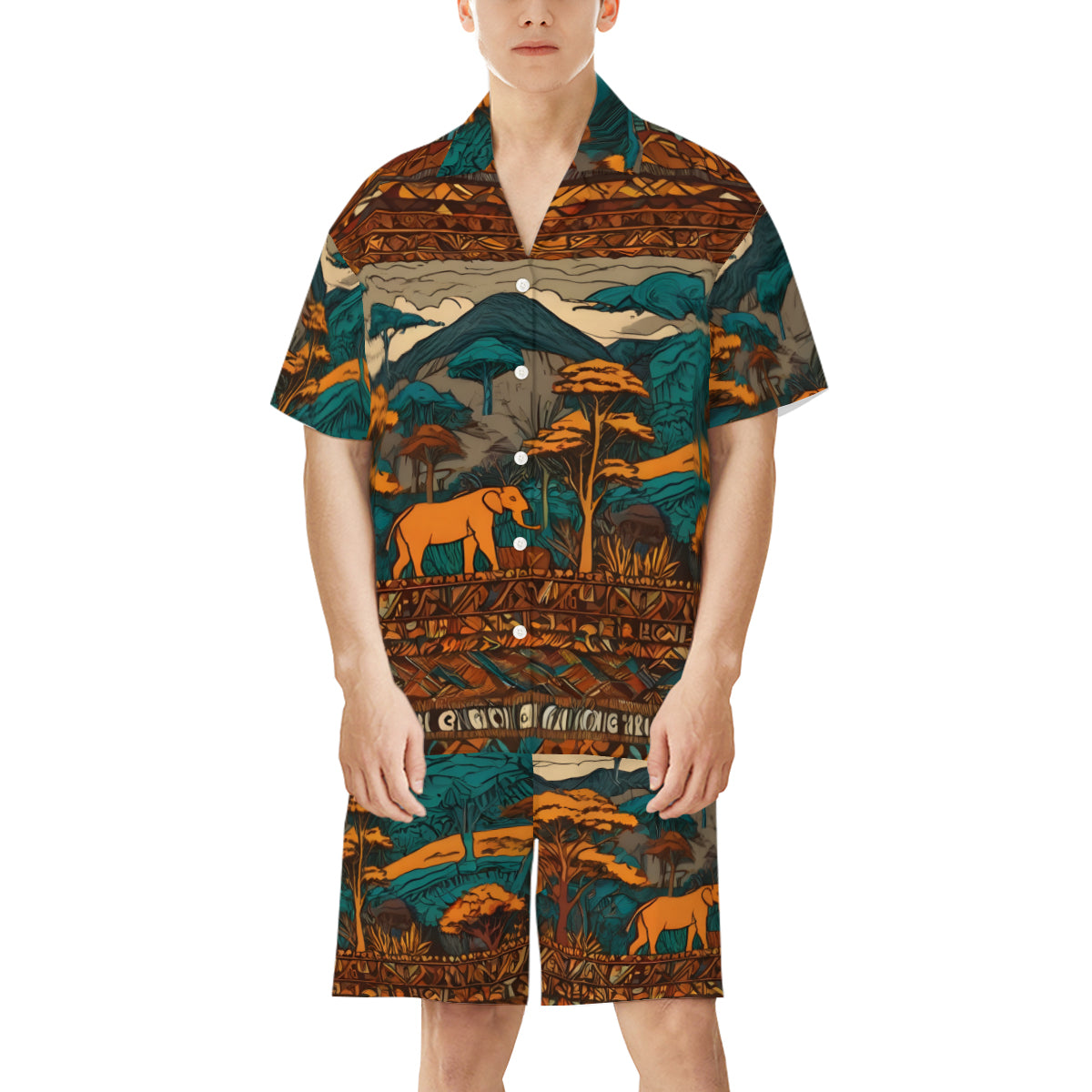 Beautiful Landscape All-Over Print Man's Shirt and Shorts Pajama Set (Multi-faceted Design) | Cotton-Like Polyester