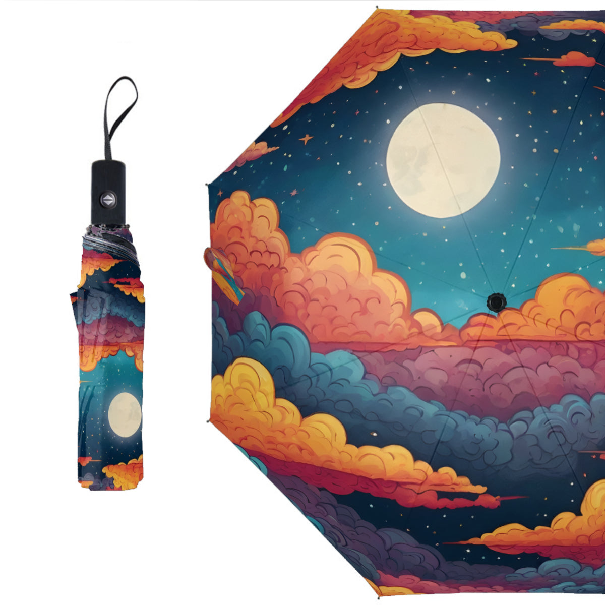 Sky Beauty Abstract Automatic Tri-Fold Black Rubber Umbrella (Outside Printing)|Polyester