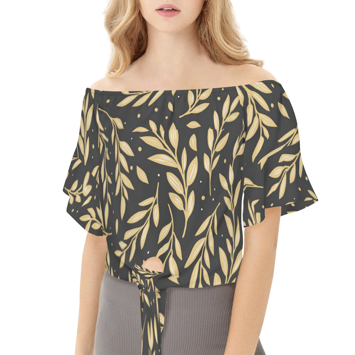 Golden Branches Women's One-shoulder Tie Short Sleeves T-shirt