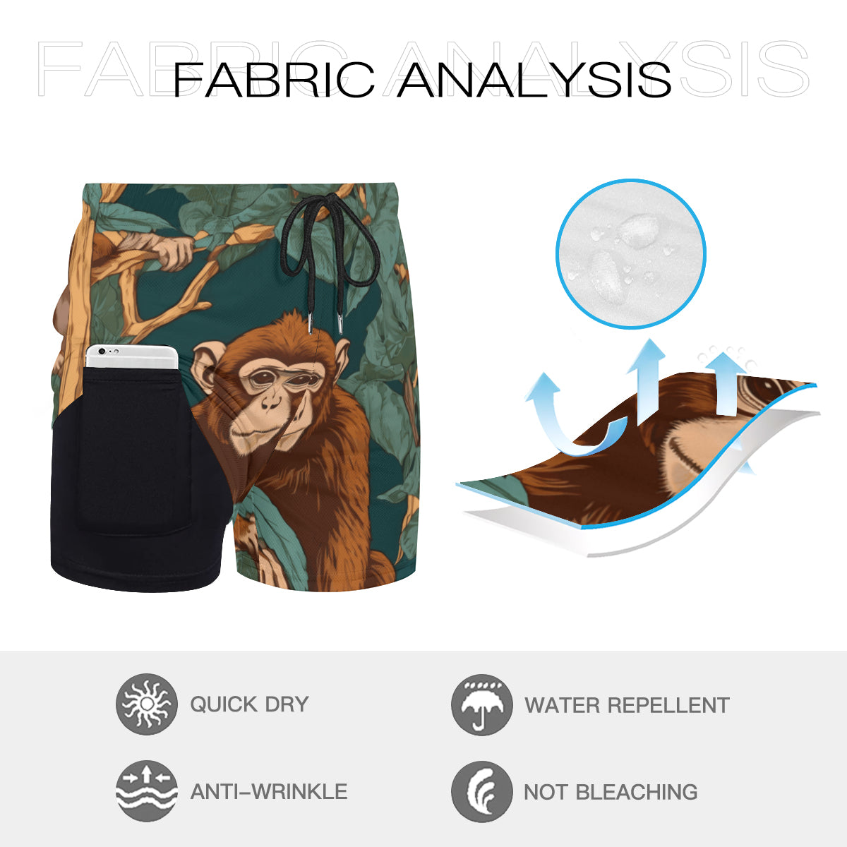 Monkey Vibes Men's Casual Shorts Double-Layer Sports Beach Shorts