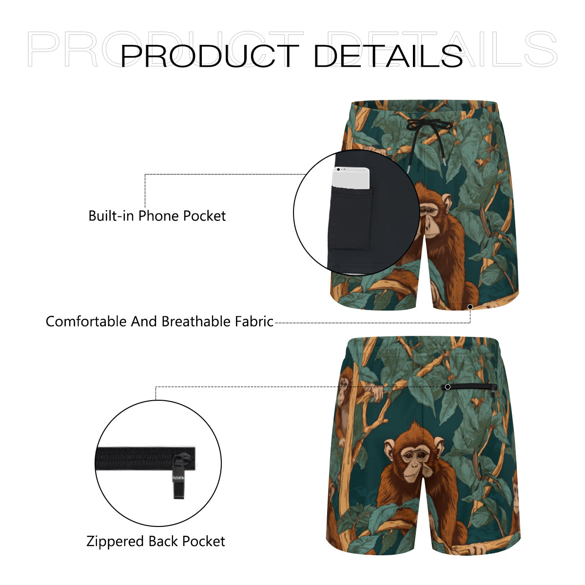 Monkey Vibes Men's Casual Shorts Double-Layer Sports Beach Shorts