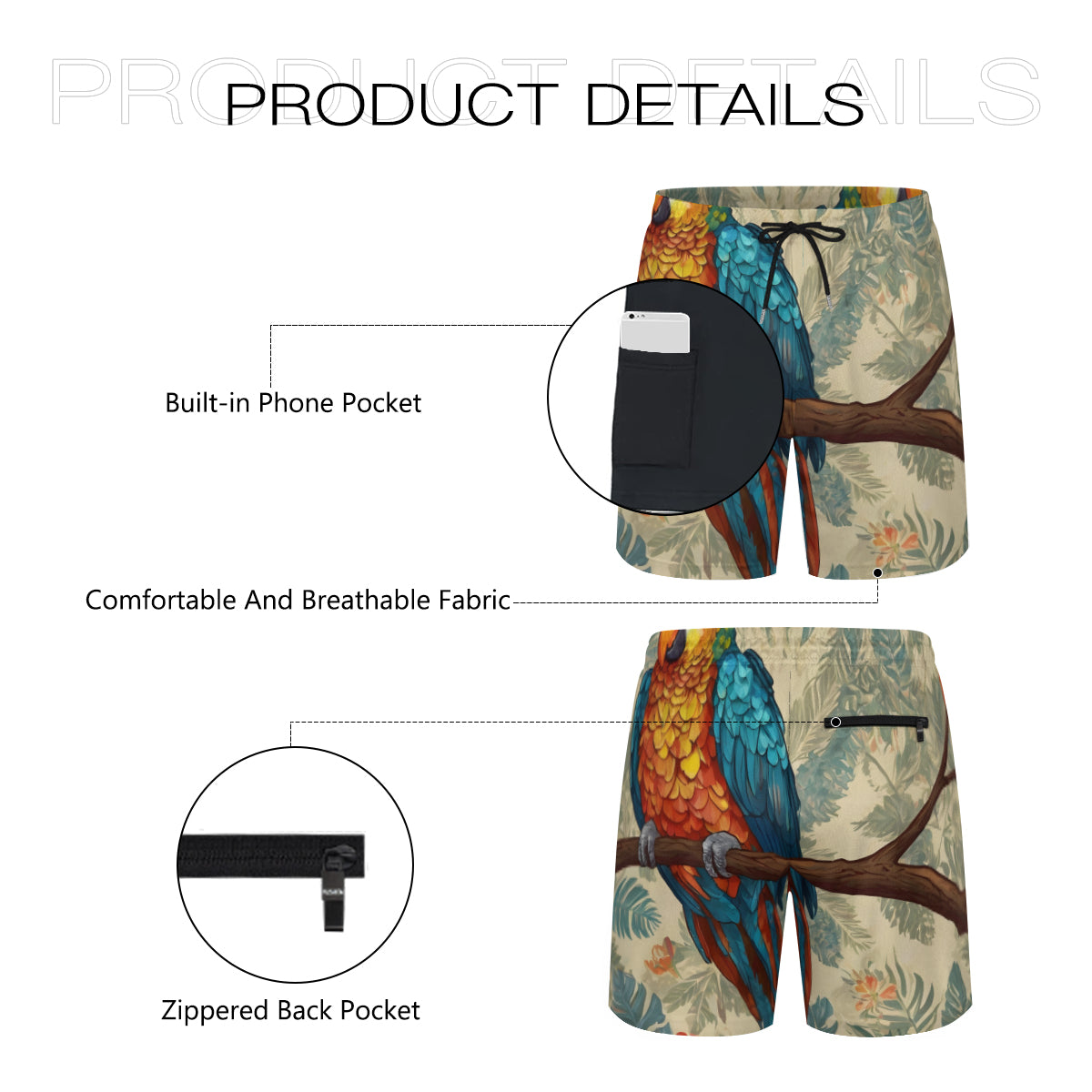 Parrot Design Casual Shorts Double-Layer Sports Beach Shorts (Multi-Faceted Design) | Polyester