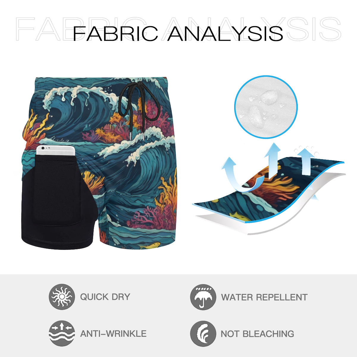 Ocean Waves Men's Casual Shorts Double-Layer Sports Beach Shorts | Polyester