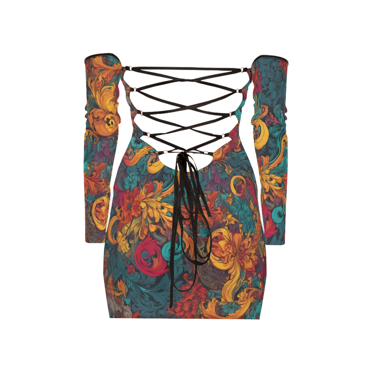 Awesome Flower Design Women's Off-shoulder Back Lace-up Dress | Polyester