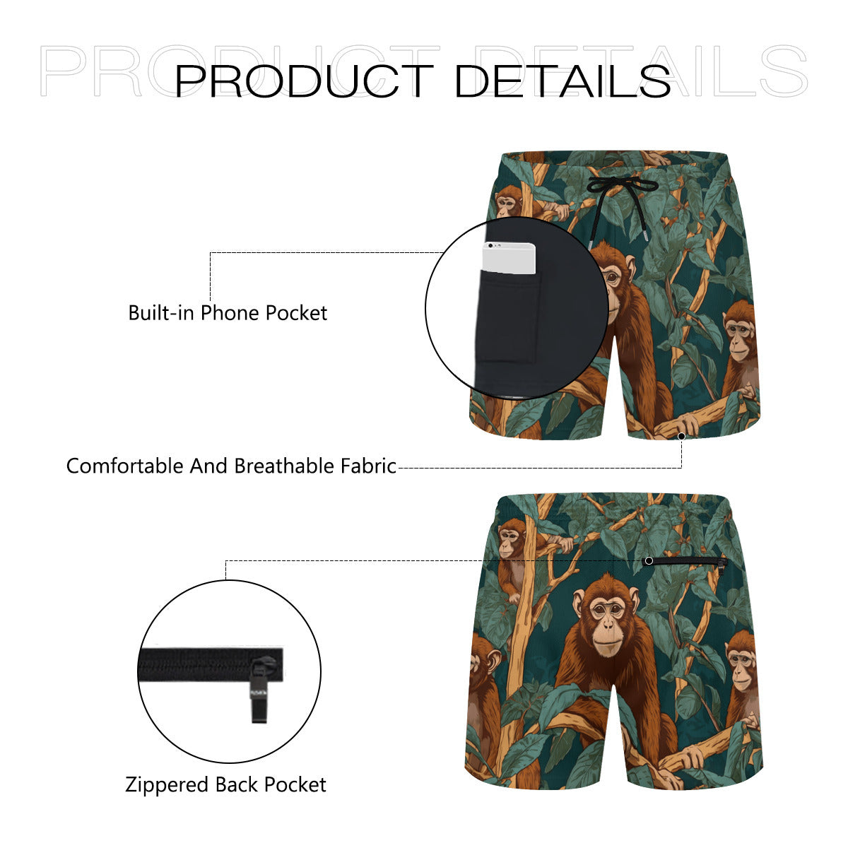 Monkey Vibes Men's Casual Shorts Double-Layer Sports Beach Pants