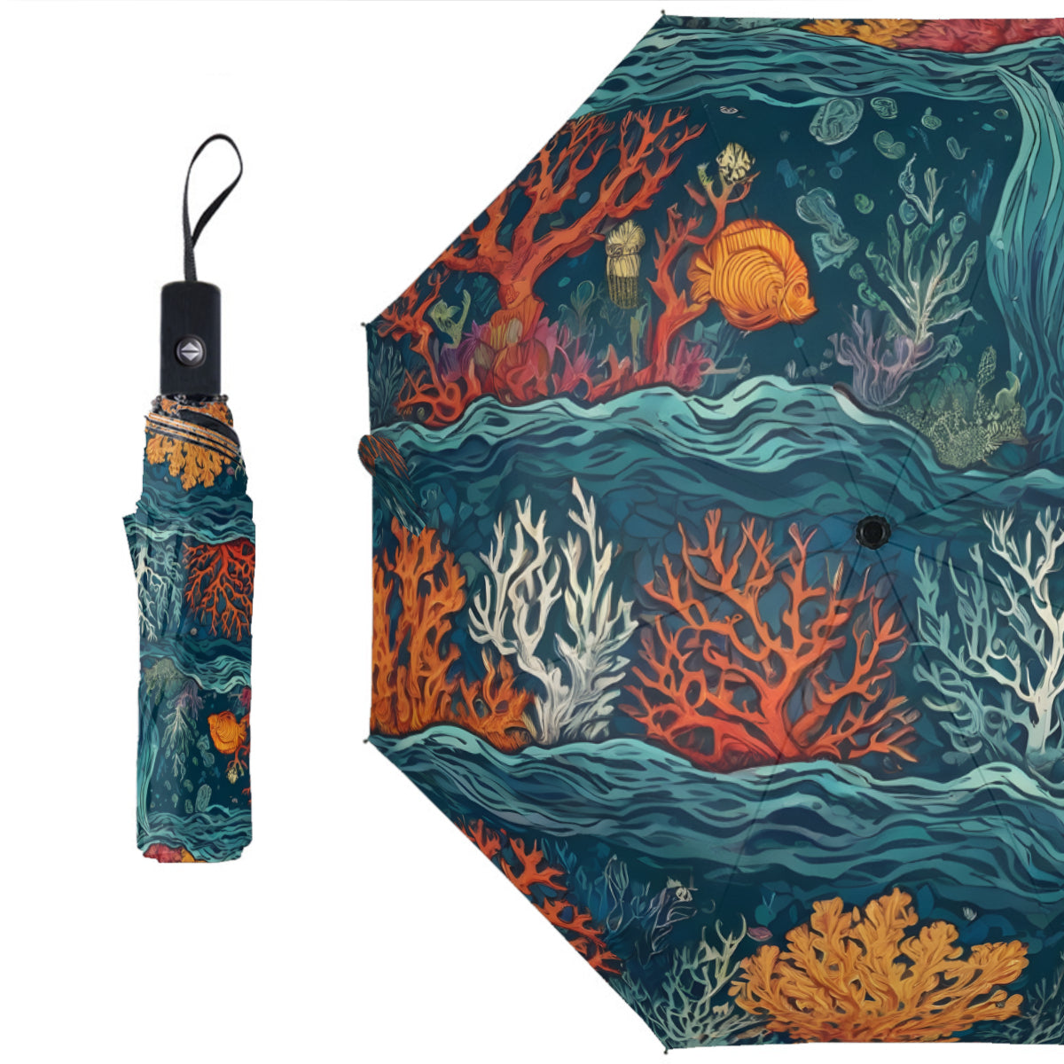 Under Sea Beauty Automatic Tri-Fold Black Rubber Umbrella (Outside Printing)|Polyester