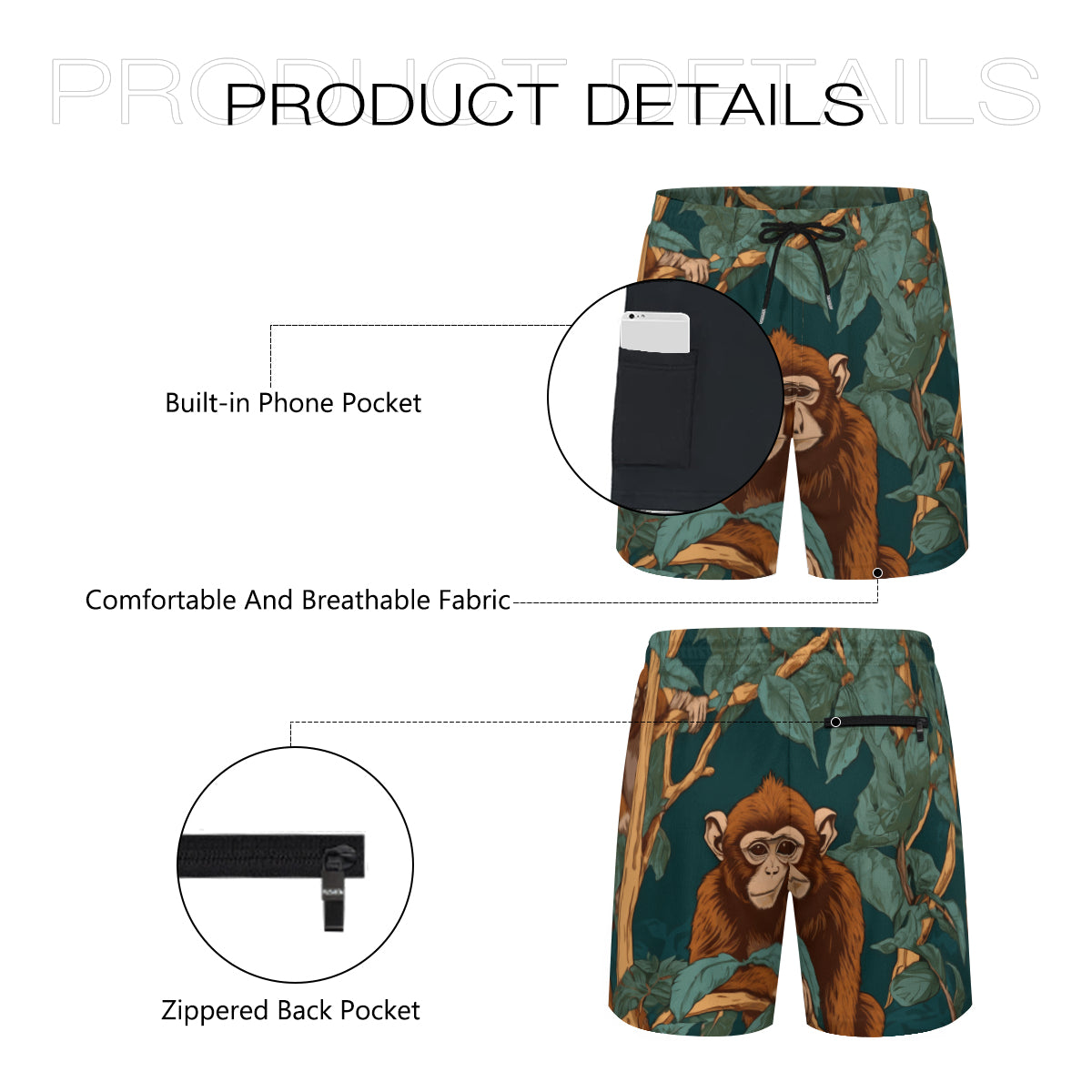 Monkey Vibes Men's Casual Shorts Double-Layer Sports Beach Shorts