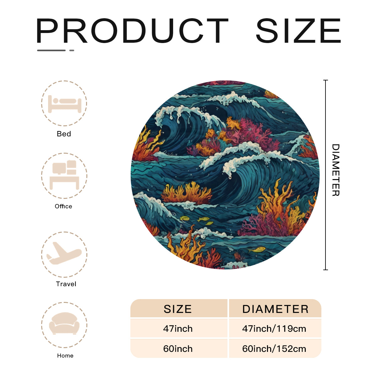 Ocean Waves Single-Sided Printed Round Blanket | 280GSM Flannel
