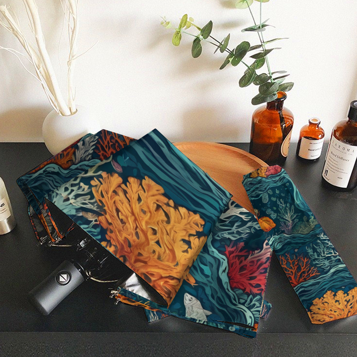 Under Sea Beauty Automatic Tri-Fold Black Rubber Umbrella (Outside Printing)|Polyester