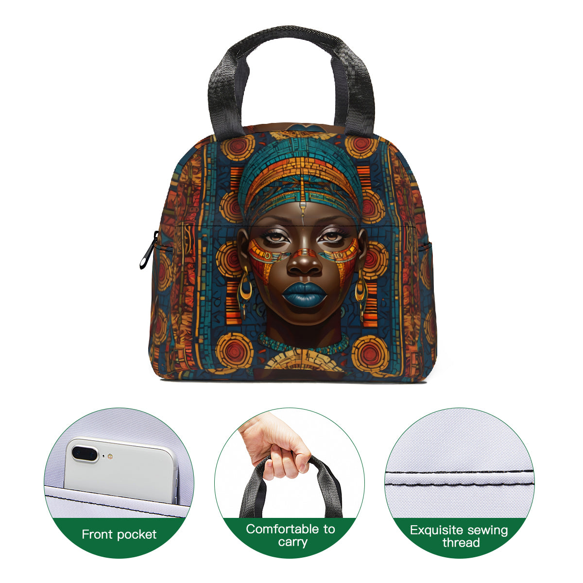 African Image Personalised canvas handheld insulated lunch bag (with side pocket)|Polyester