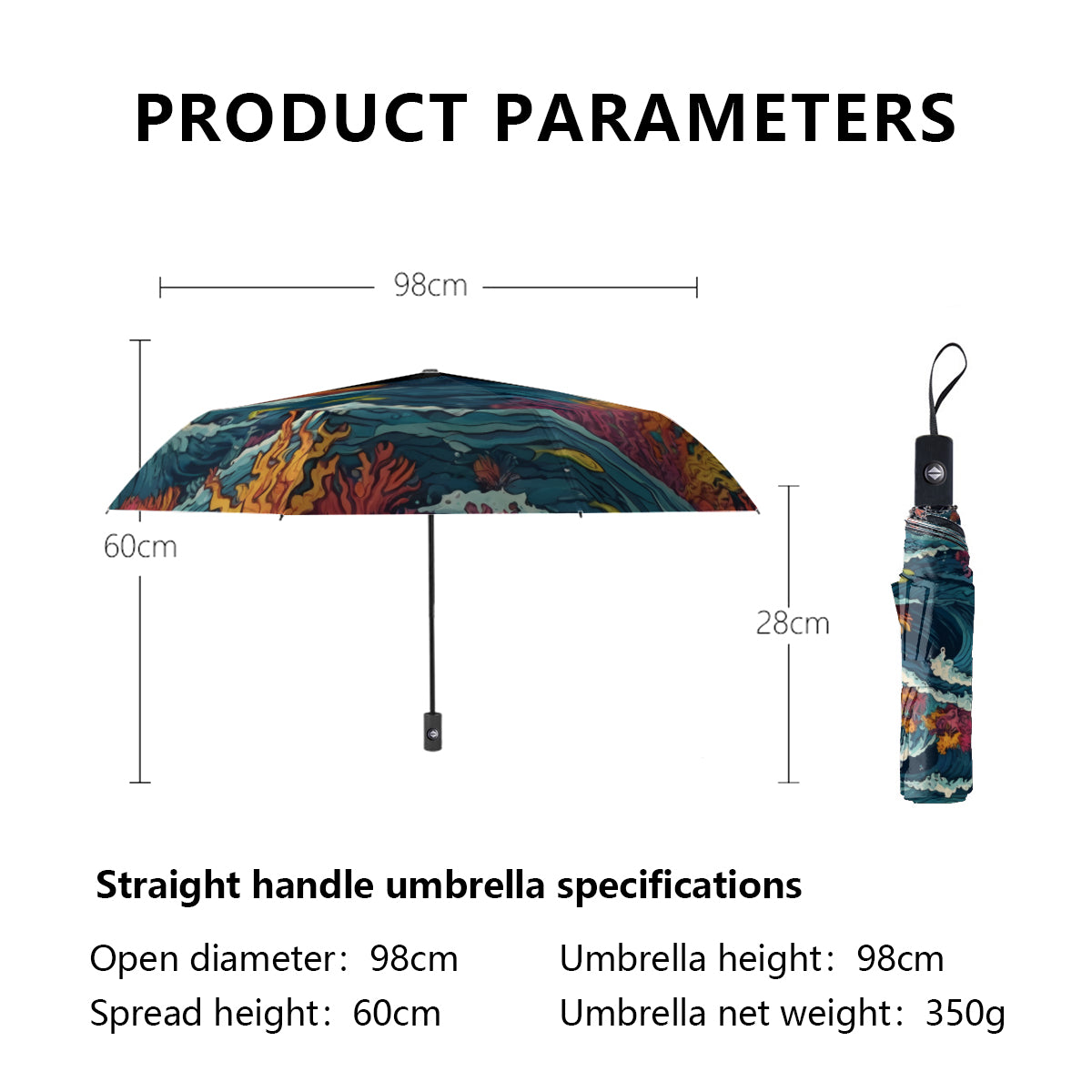 Ocean Waves Automatic Tri-Fold Black Rubber Umbrella (Outside Printing)|Polyester