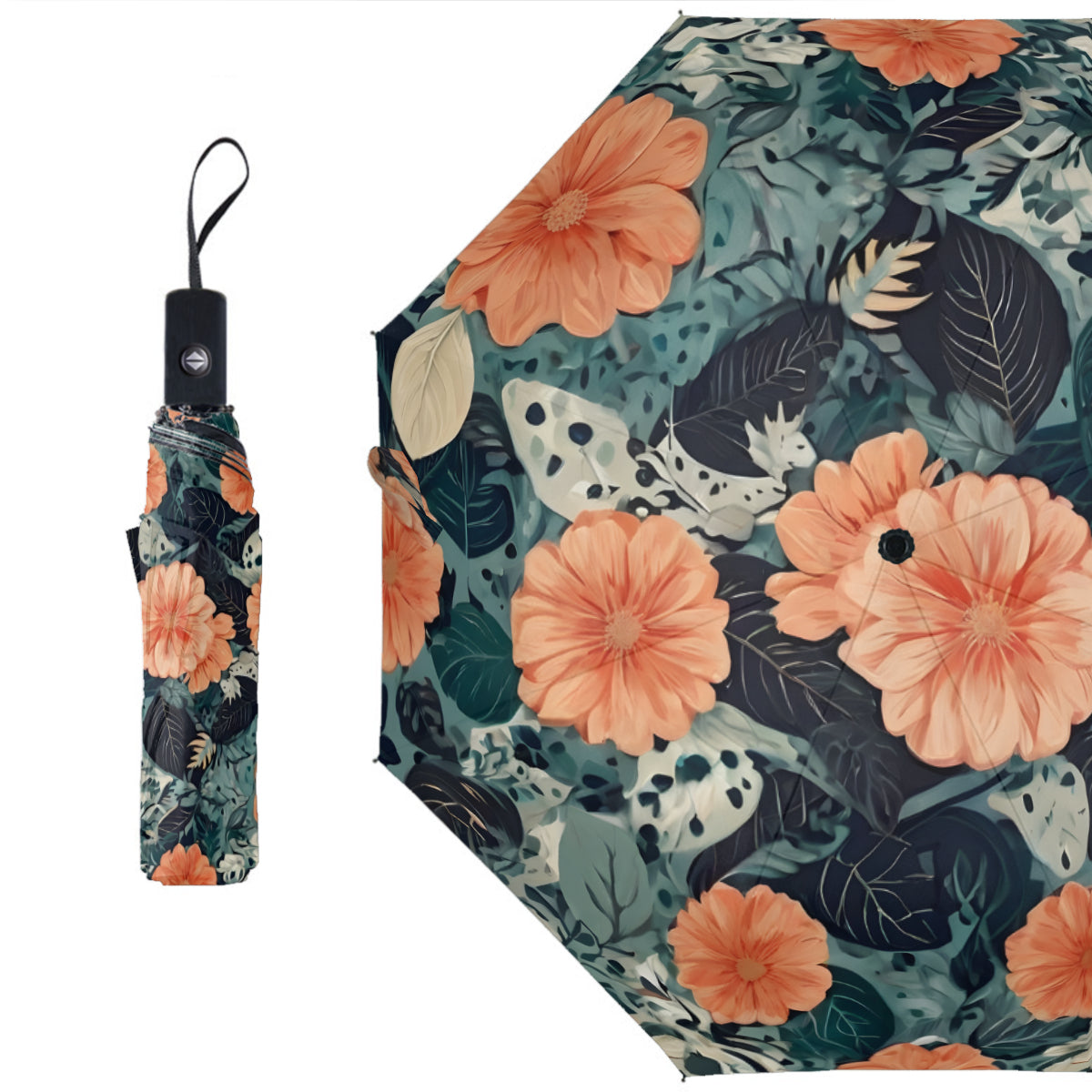 Floral Red Automatic Tri-Fold Black Rubber Umbrella (Outside Printing)|Polyester