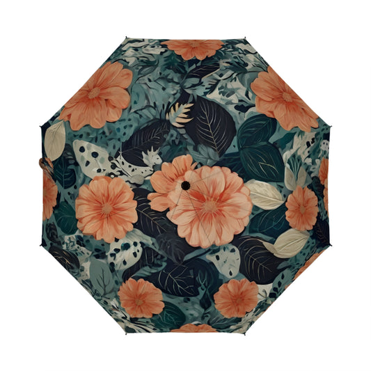 Floral Red Automatic Tri-Fold Black Rubber Umbrella (Outside Printing)|Polyester